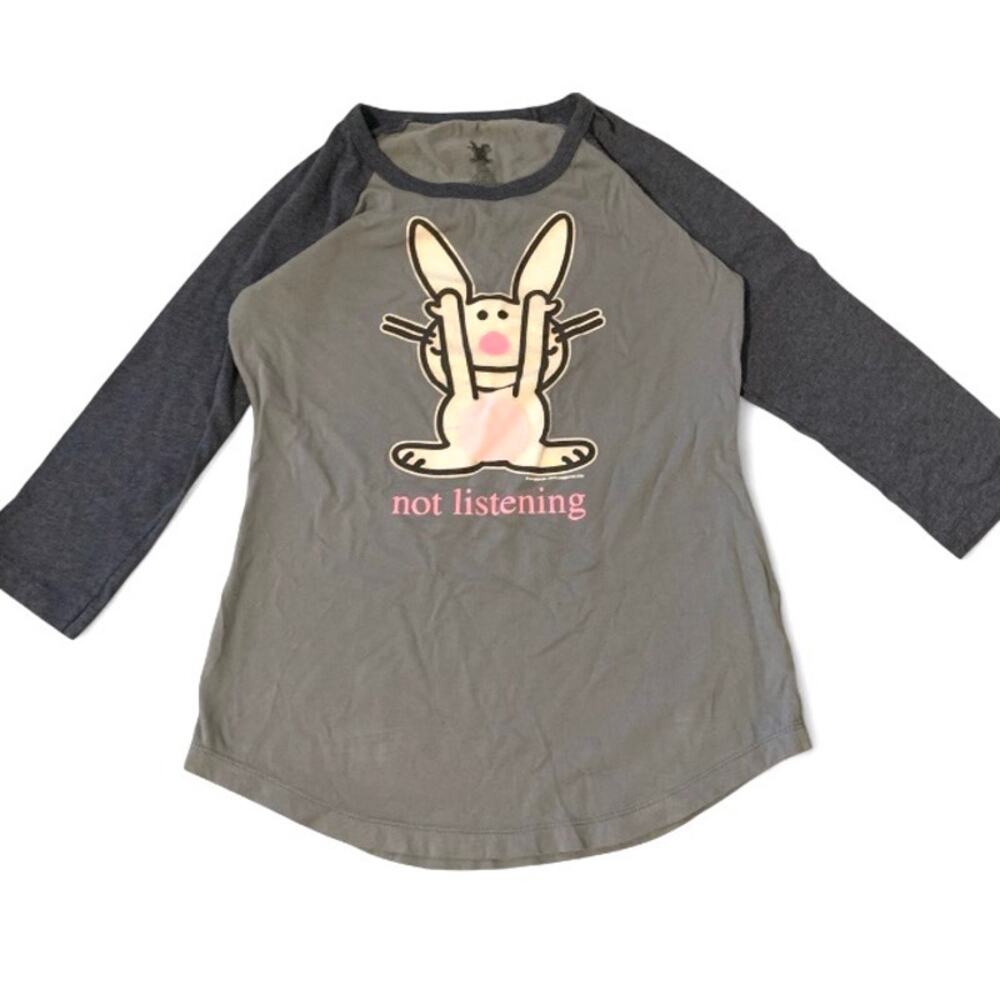 Jim Benton Happy Bunny Y2K Glitter Bunny Baseball Tee Gray White Size Large